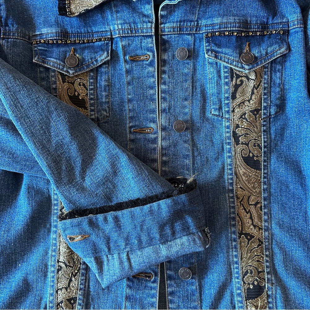 Blue Jean Brocade Jacket Rhinestone Bling Fall Jacket Versace Boho Medium - Picture 13 of 16